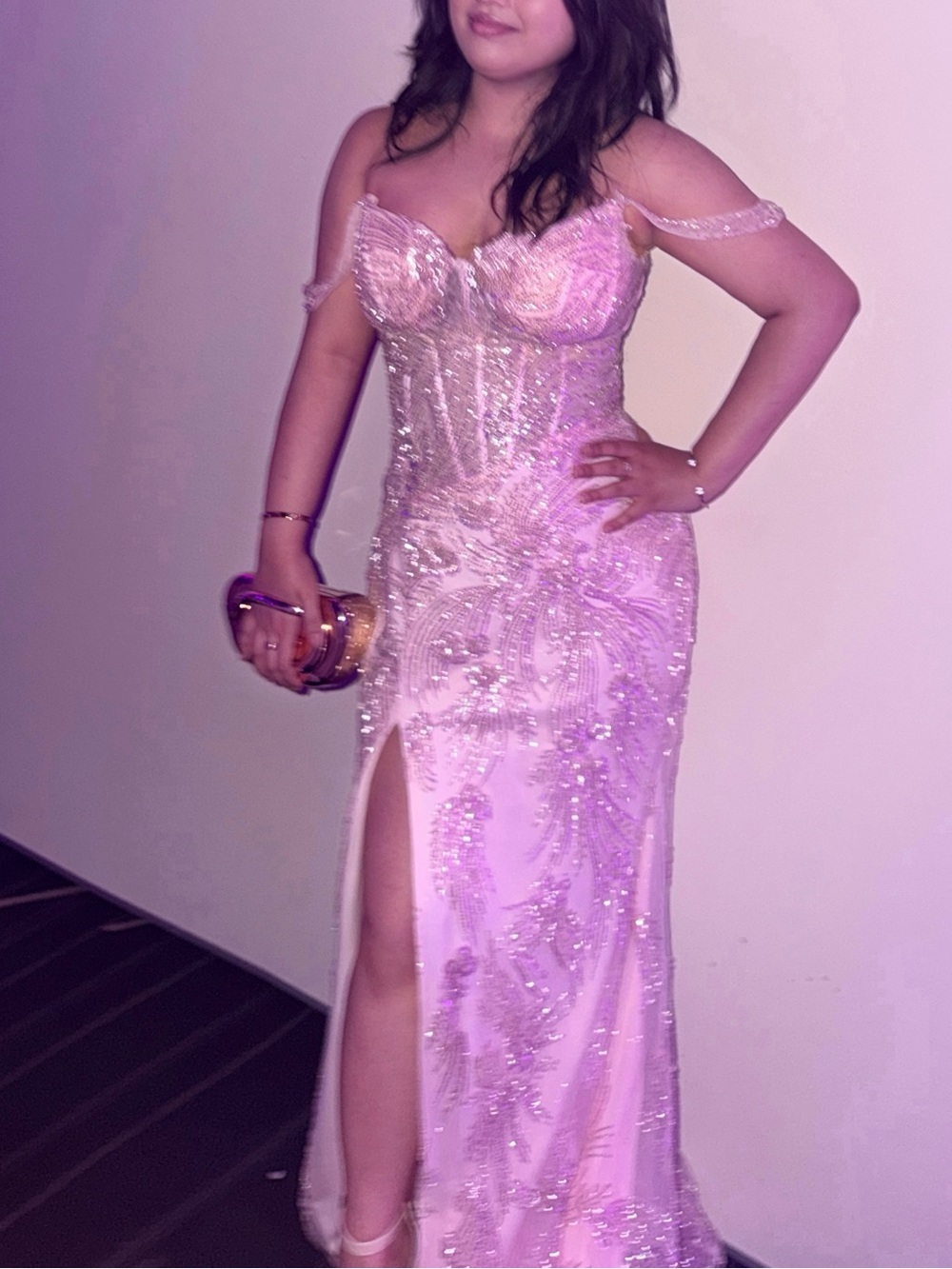Embellished Off-Shoulder Light Pink Prom Gown from 1ere Avenue.